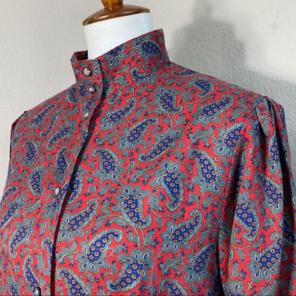 Vintage Red Paisley Mock Neck Puff Sleeve Button Up Blouse Med - Picture 5 of 9